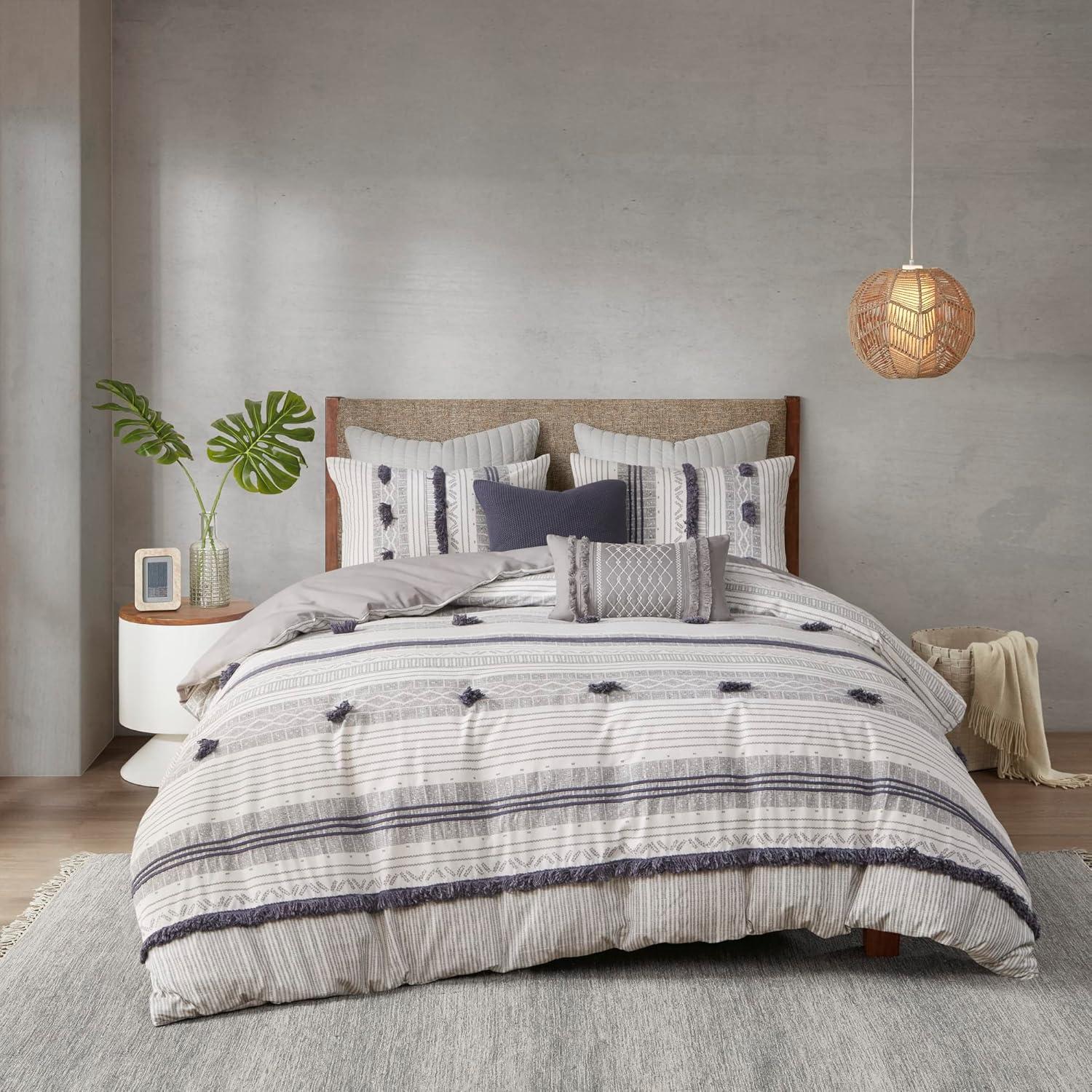 Ink+Ivy 3pc Full/Queen Cody Cotton Duvet Cover Set Gray/Navy: Woven Stripe, Lightweight, OEKO-TEX Certified