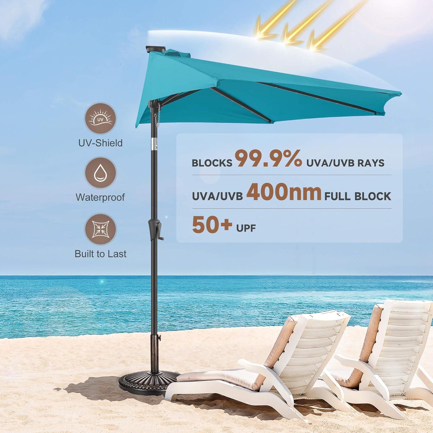 FLAME&SHADE 9 ft Half Round Solar Powered Outdoor Market Patio Table Umbrella for Wall Balcony with LED Lights and Tilt, Aqua Blue