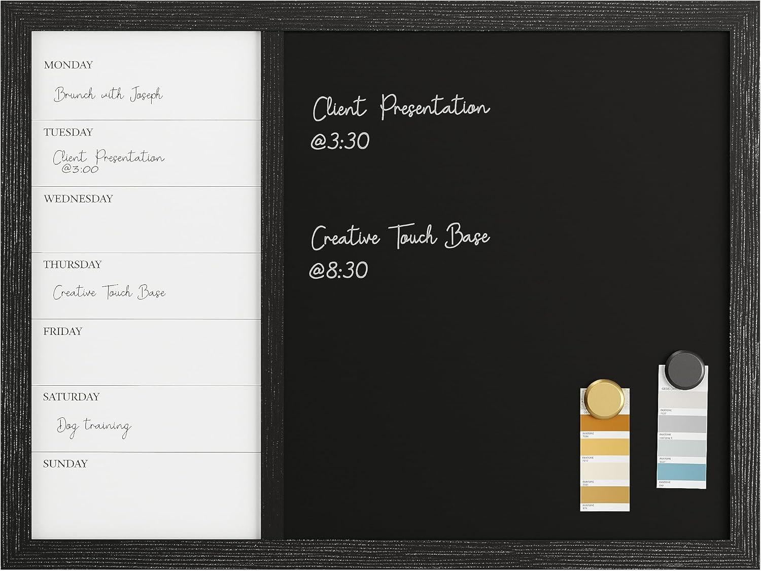 Black Woodgrain Magnetic Weekly Calendar Dry Erase and Chalk Board 24" x 18"