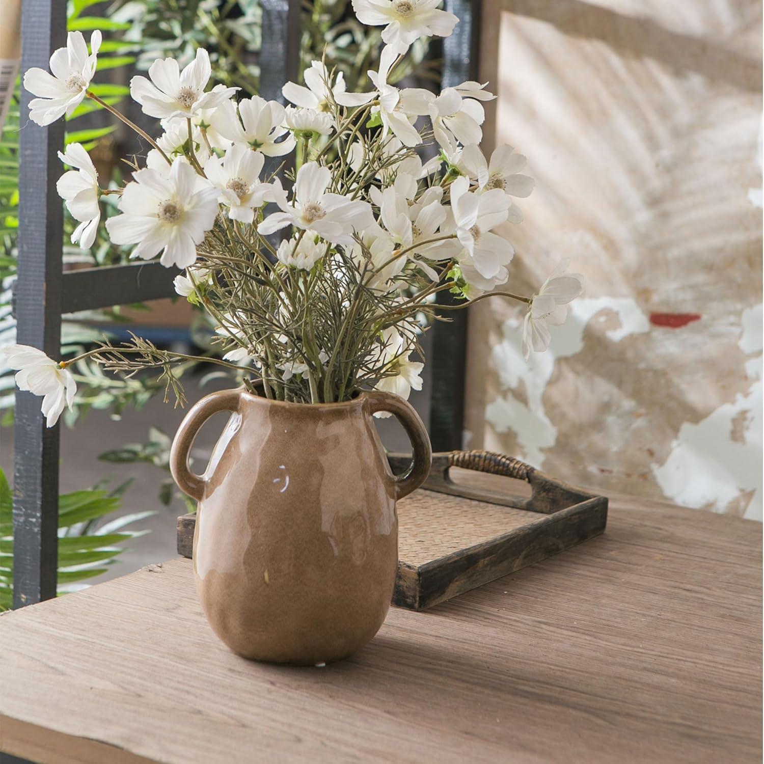 Kimdio Brown Ceramic Vase with 2 Handles, Modern Farmhouse Vase for Home Decor, Vintage Rustic Pottery Vase, Decorative Terracotta Vase, Clay Jug for Living Room Dining Table Shelf