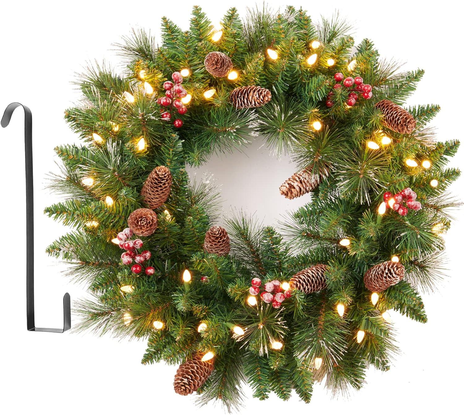 24 Inch Bergen Pine Wreath with Gold Accents and Soft White LED Lights on Auto Timer