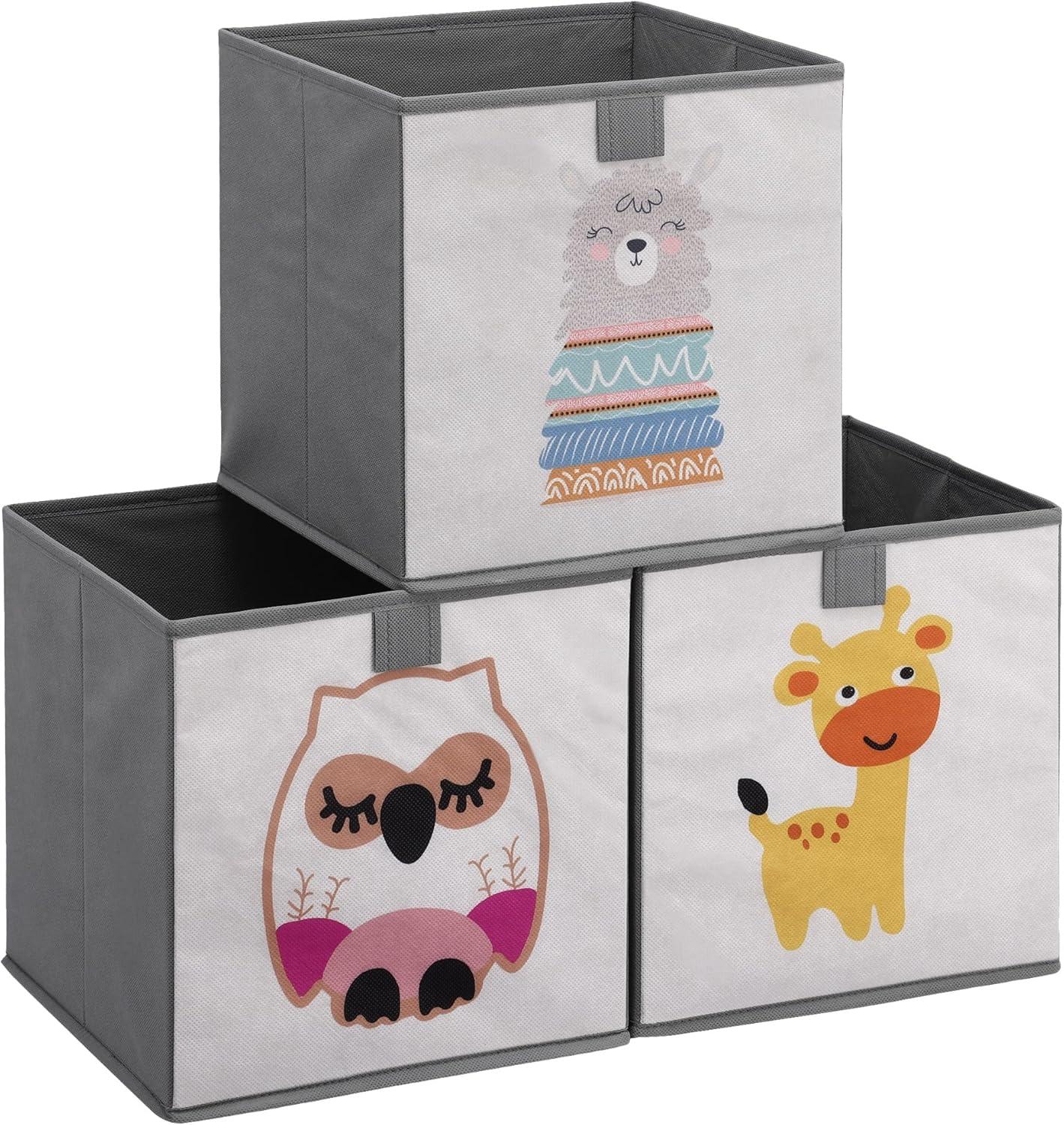 Navaris Kids Storage Cubes (Set of 3) - Storage Boxes 11x11x11" with Animal Designs - Children's Cube Bins Fabric Organizer Bin - Alpaca/Giraffe/Owl