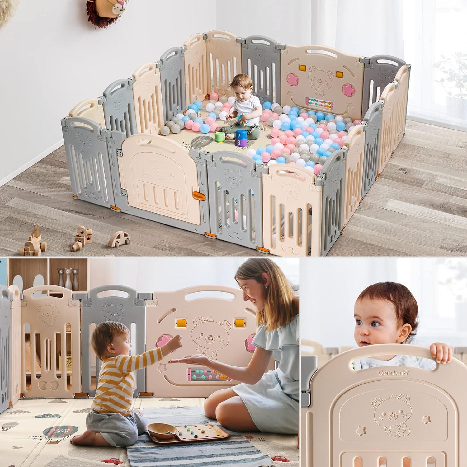 Extra Large Foldable Cream and Grey Baby Playpen with Gate