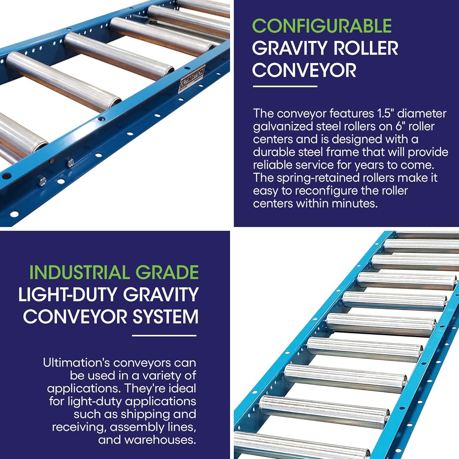 Light-Duty Gravity Conveyor with 1.5" Dia Galvanized Steel Rollers, 12" Wide, 5' Long Steel Frame on 6" Centers, Ideal for Distribution/Assembly Areas Such As Table, Ladder, Bed, Boat - Ultimation