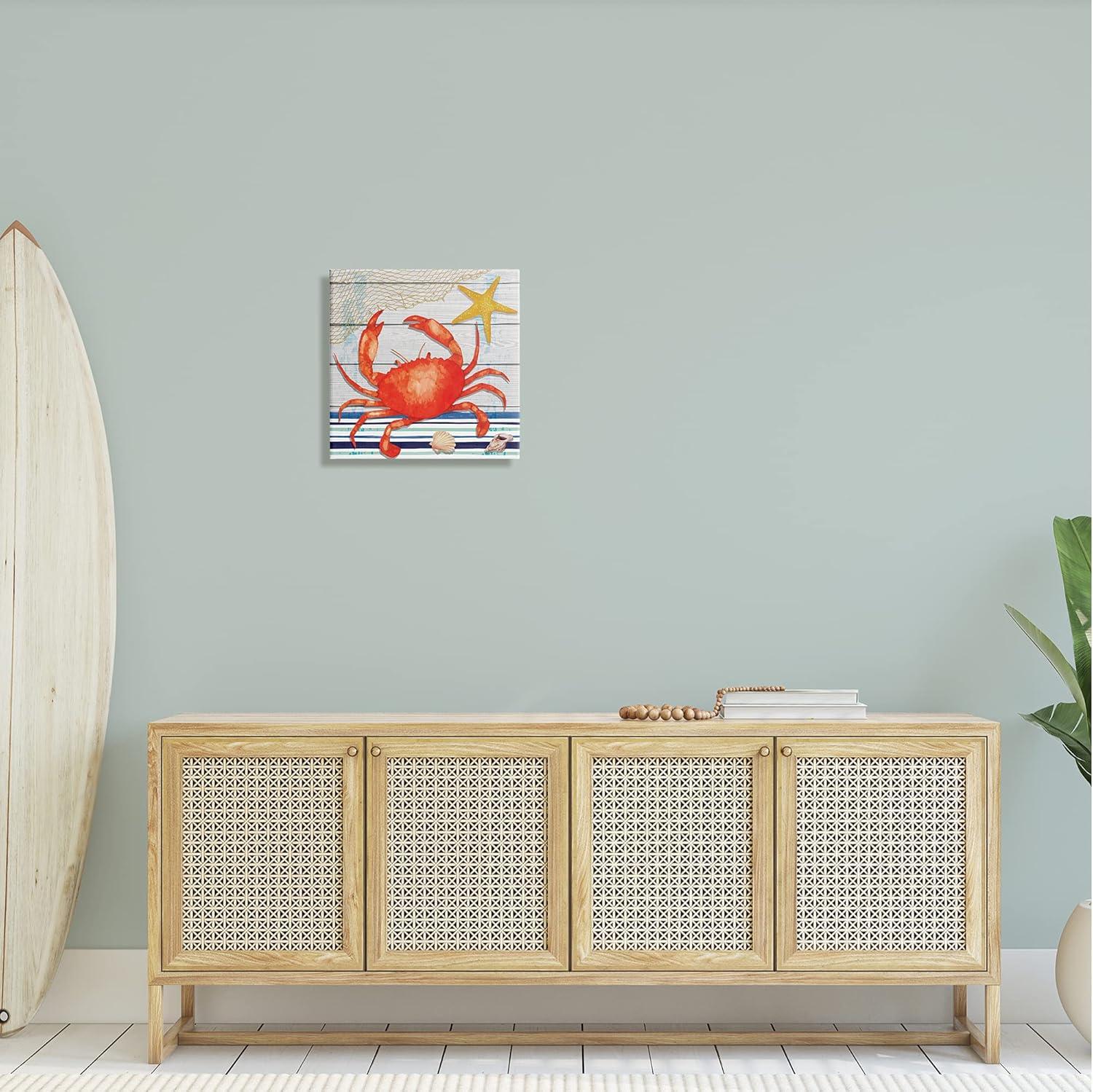 Stupell Nautical Striped Red Crab Sea Life Landscape Painting Gallery Wrapped Canvas Print Wall Art