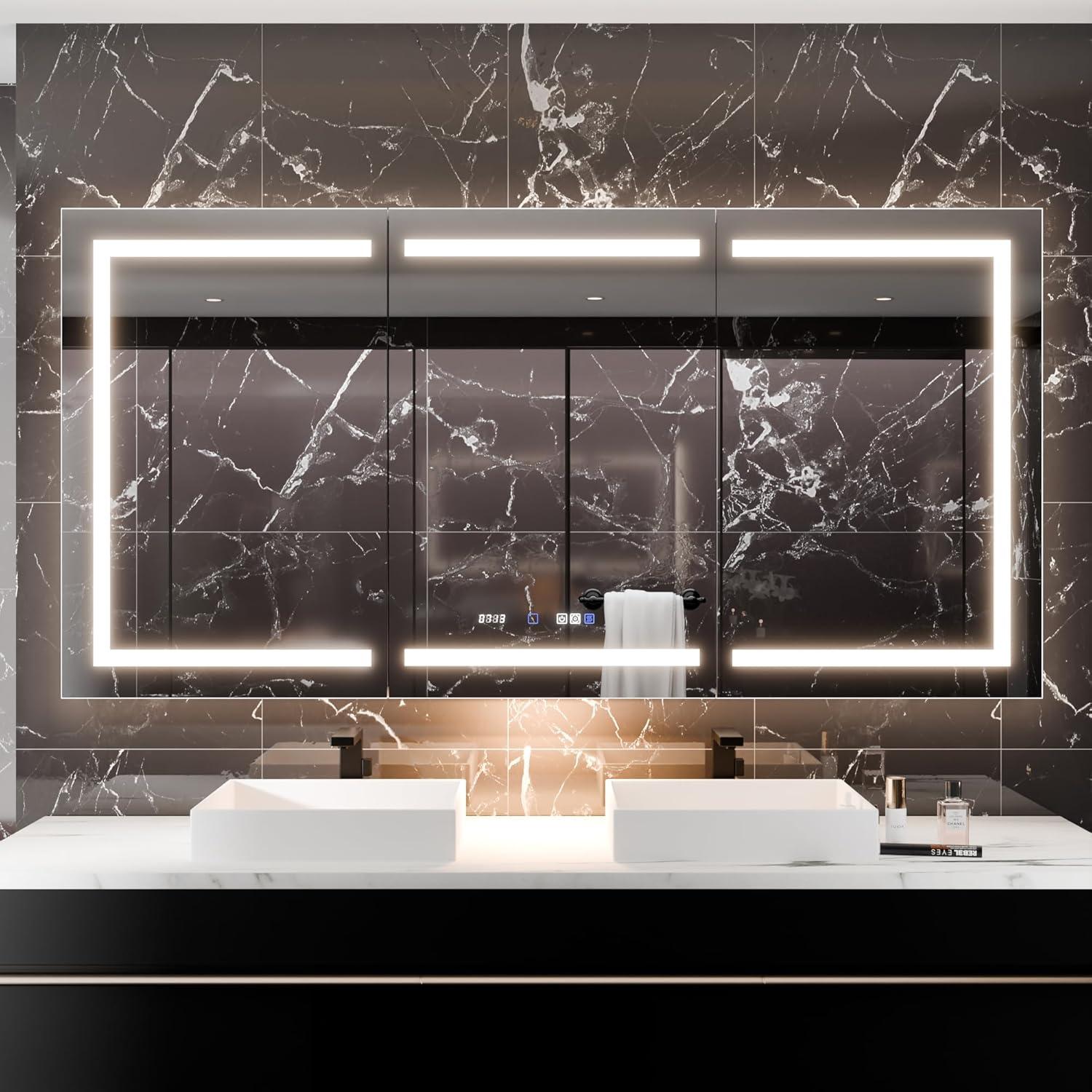 MEDUNJESS 72''x36'' Surface or Recessed Mount LED Medicine Cabinet with Mirror and Defogger 3 doors Medicine Cabinet