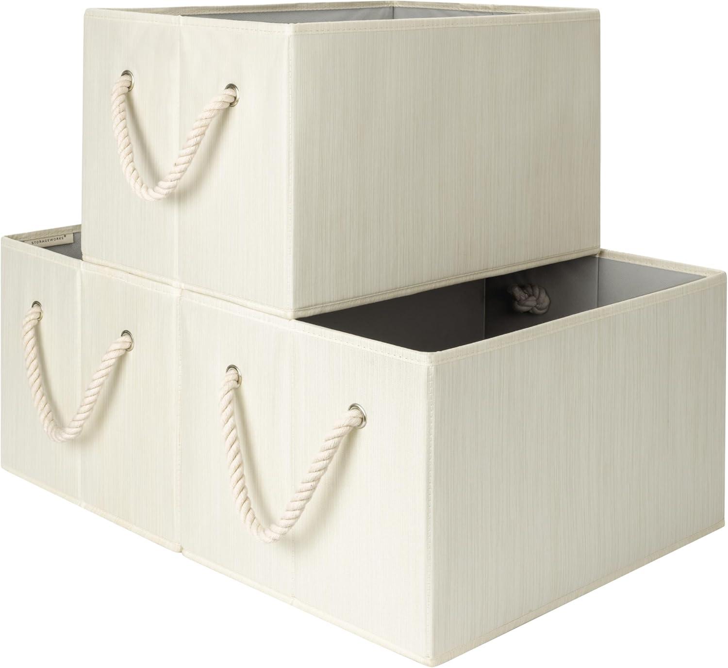 Beige and Ivory Foldable Fabric Storage Bins with Handles, 3-Pack