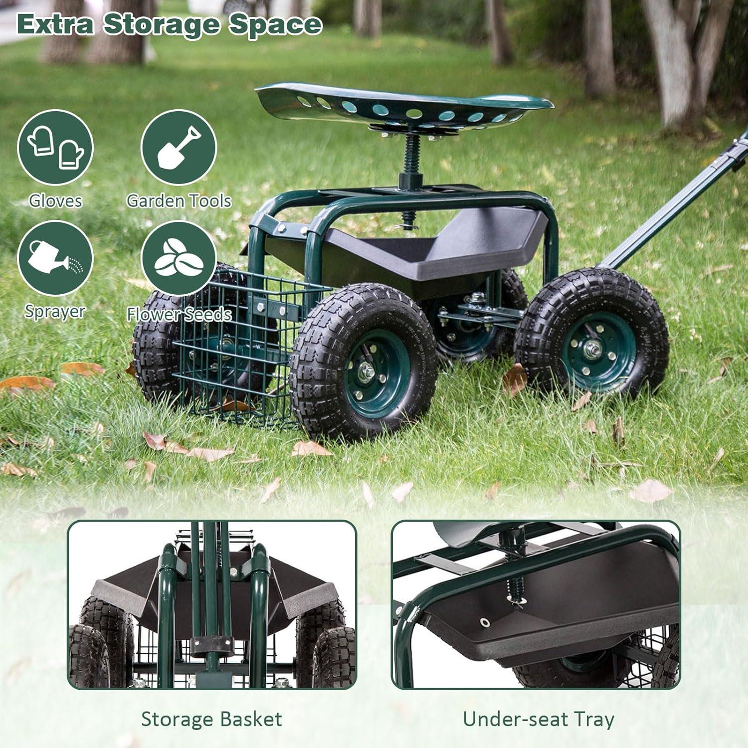 Rolling Garden Cart Scooter Stool - Garden Seat with Wheels Garden Cart with Seat, Adjustable Handle 360 Degree Swivel (Green)