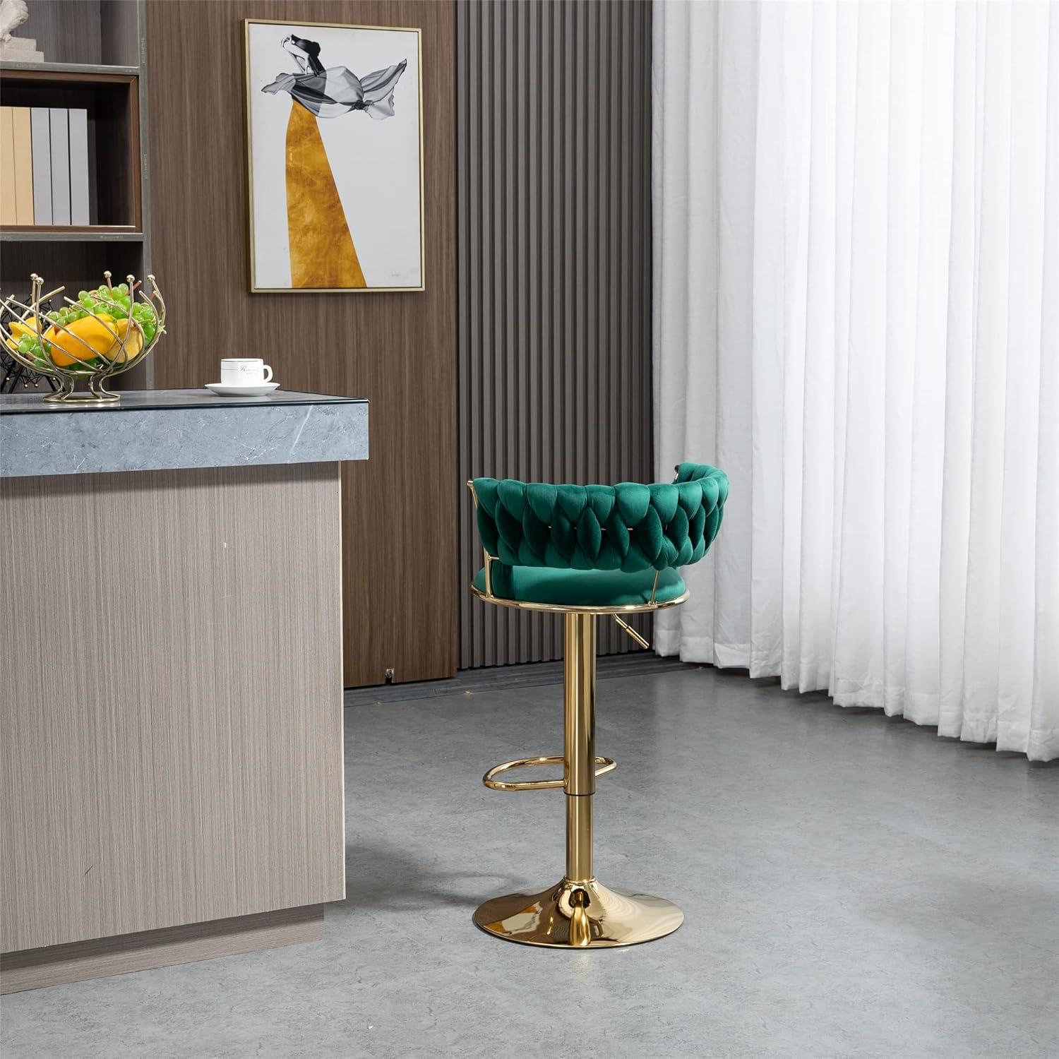 Emerald Green Velvet Adjustable Swivel Bar Stools with Gold Base, Set of 2