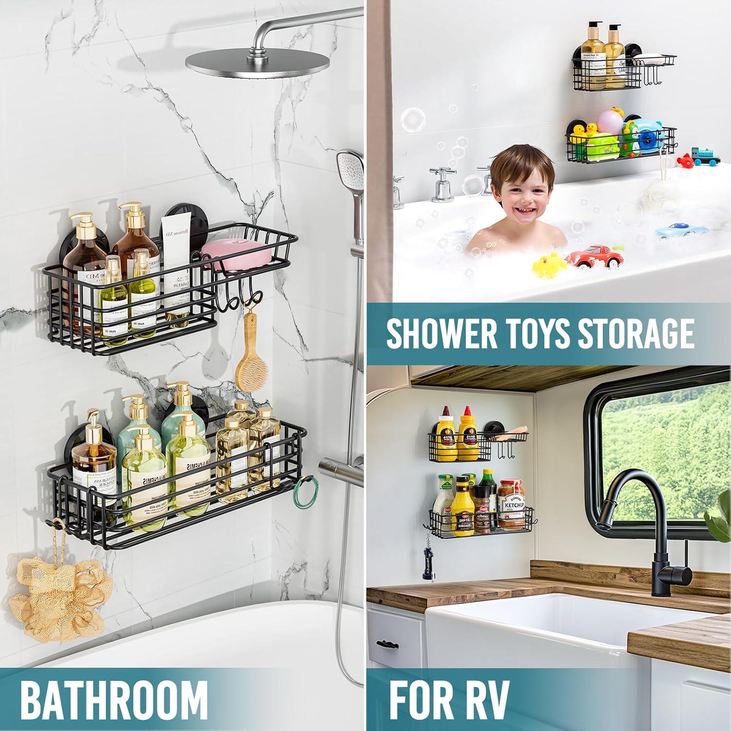 Shower Caddy Suction Cup 2 Pack With Hooks & Soap Holder, Heavy Duty Shower Organizer For Bathroom