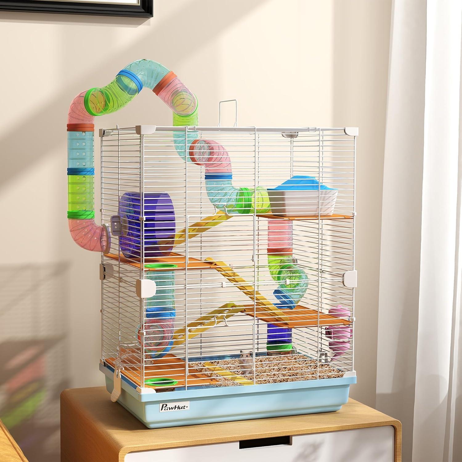 PawHut 5-Tier Hamster Cage Rodent Gerbil Habitat Habitat Metal Wire with Water Bottle, Food Dishes, Interior Ladder, Tube