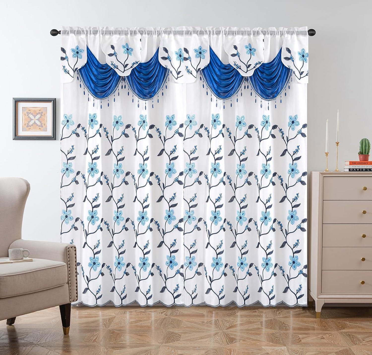 Red Barrel Studio® Embroidery Sheer Curtain 2 Panels Set Luxury Window Curtain Attached Valance With Satin Backing And 2 Tie Backs