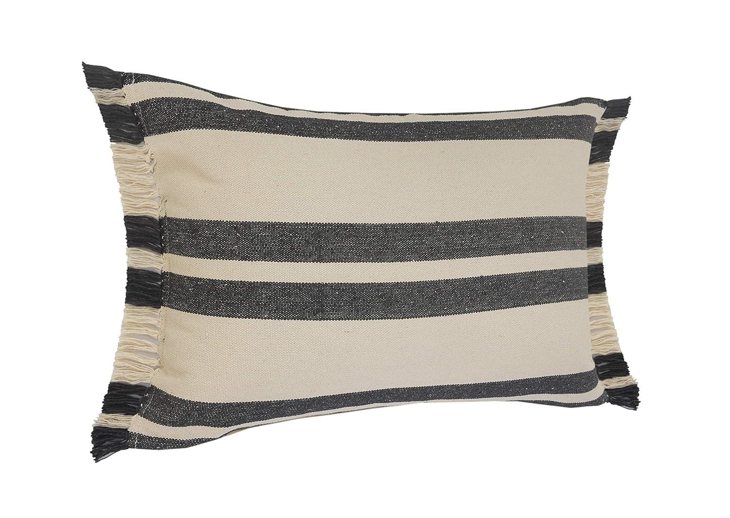 LR Home Gray Double Striped Lumbar Pillow with Fringe