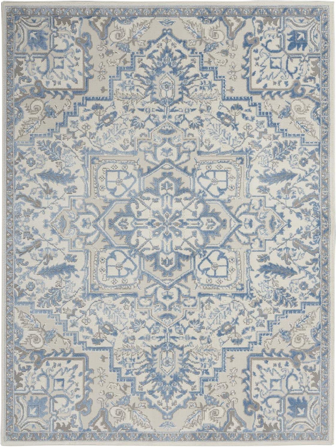 Ivory Blue Floral Synthetic 5' x 7' Rectangular Rug