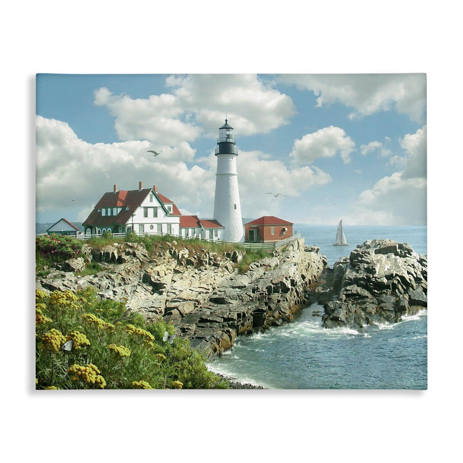The Stupell Home Decor Collection Portland Head Lighthouse Scene Grassy Ocean Side Peninsula with Sail Boat Canvas Wall Art