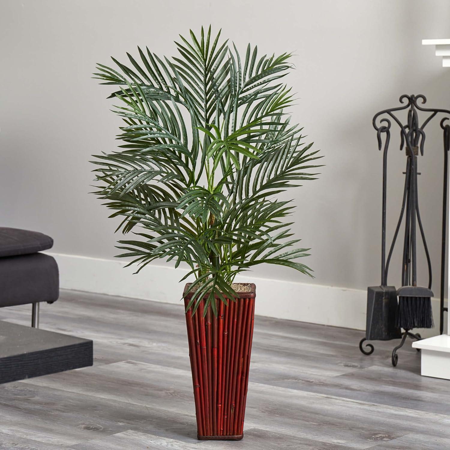 Lush Tropical Faux Areca Palm in Decorative Bamboo Planter