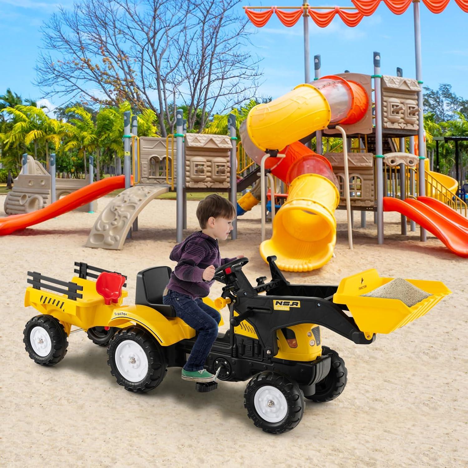 Yellow Pedal Ride-On Excavator with Detachable Trailer