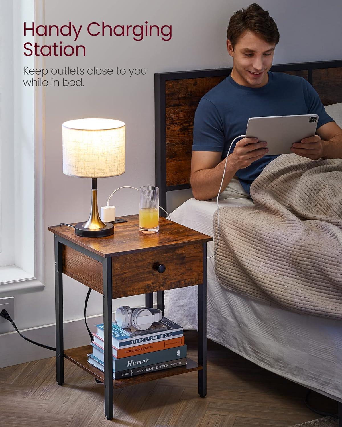 VASAGLE Nightstand with Charging Station, Side Table with Drawer and Open Shelf, End Table, for Bedroom, Easy Assembly, Industrial, Plug-in Series, Rustic Brown and Black ULET513B01
