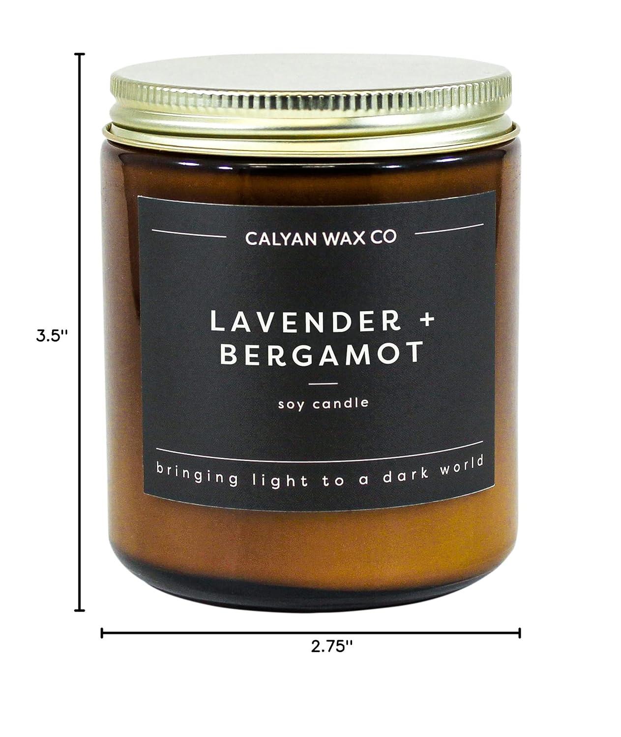 Calyan Wax Co. Soy Wax Candle, Lavender + Bergamot Scented Candle, 57 Hour Burn Time, Aromatherapy Soy Candles, Non Toxic & Vegan Soy Wax, Amber Glass Jar Scented Candles, 7.2oz