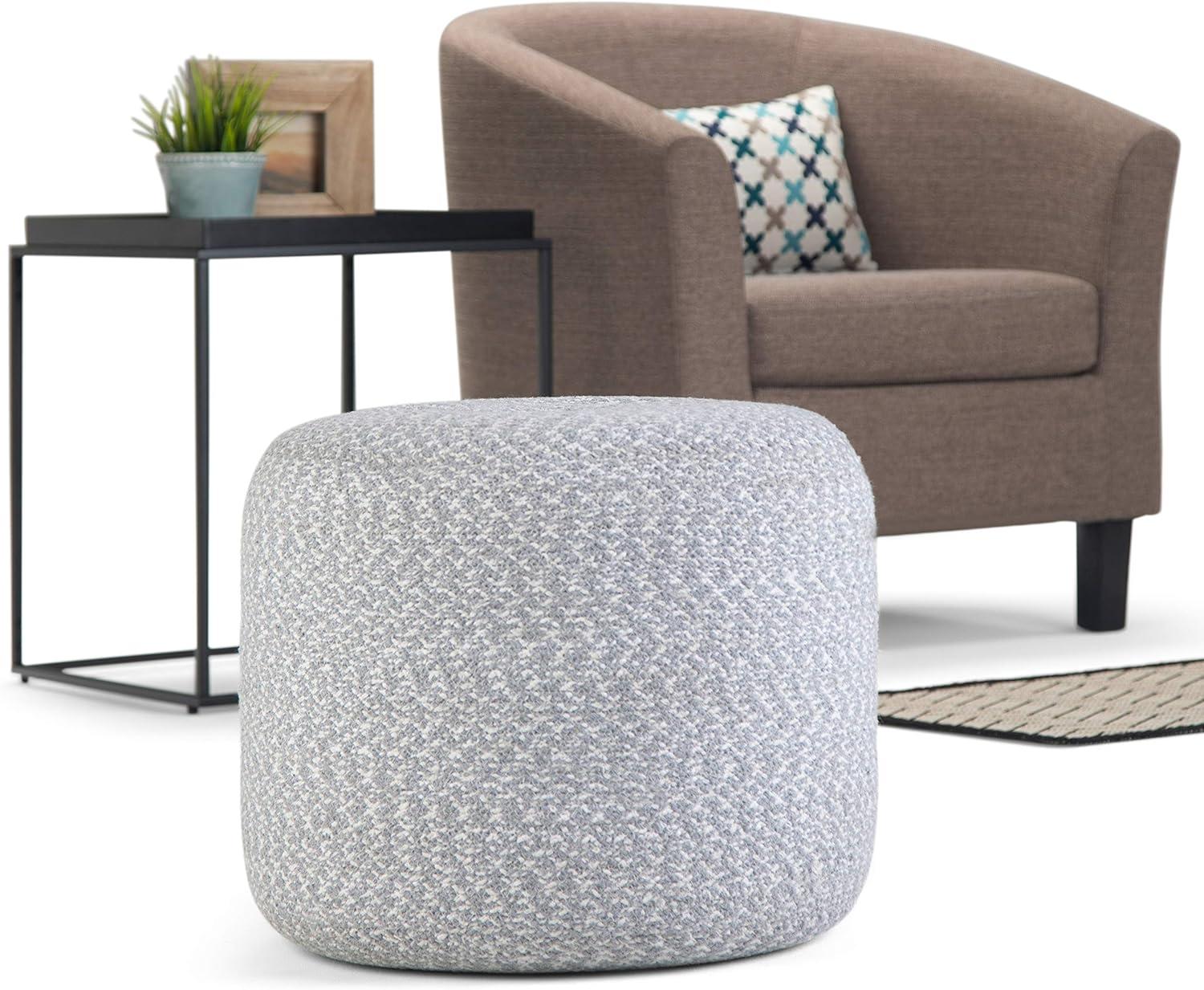 SIMPLIHOME Bayley Boho Round Braided Pouf in Blue, Natural Cotton for the Living Room, Bedroom and Kids Room