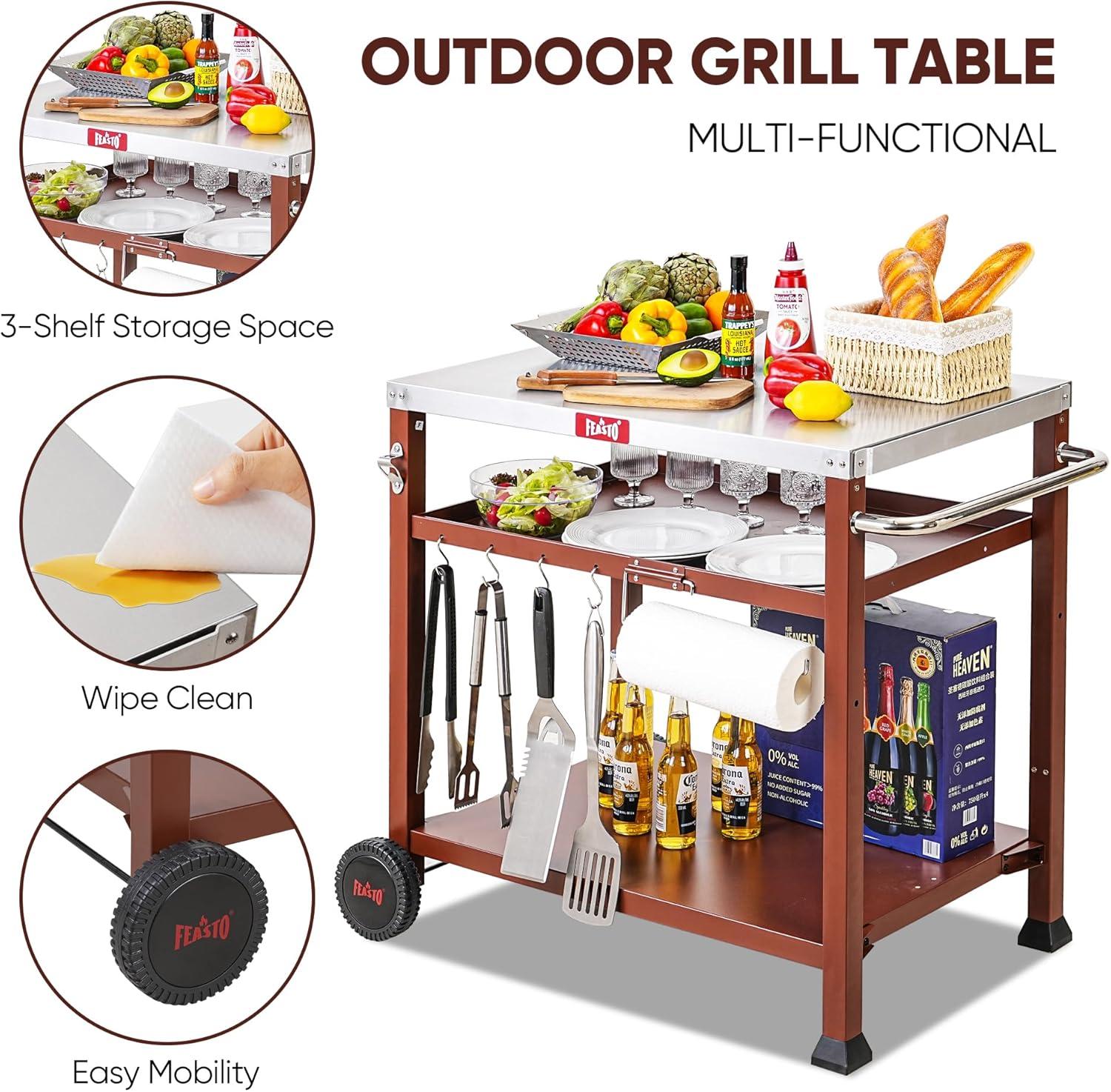 Three-Shelf Red and Stainless Steel Outdoor Grill Cart