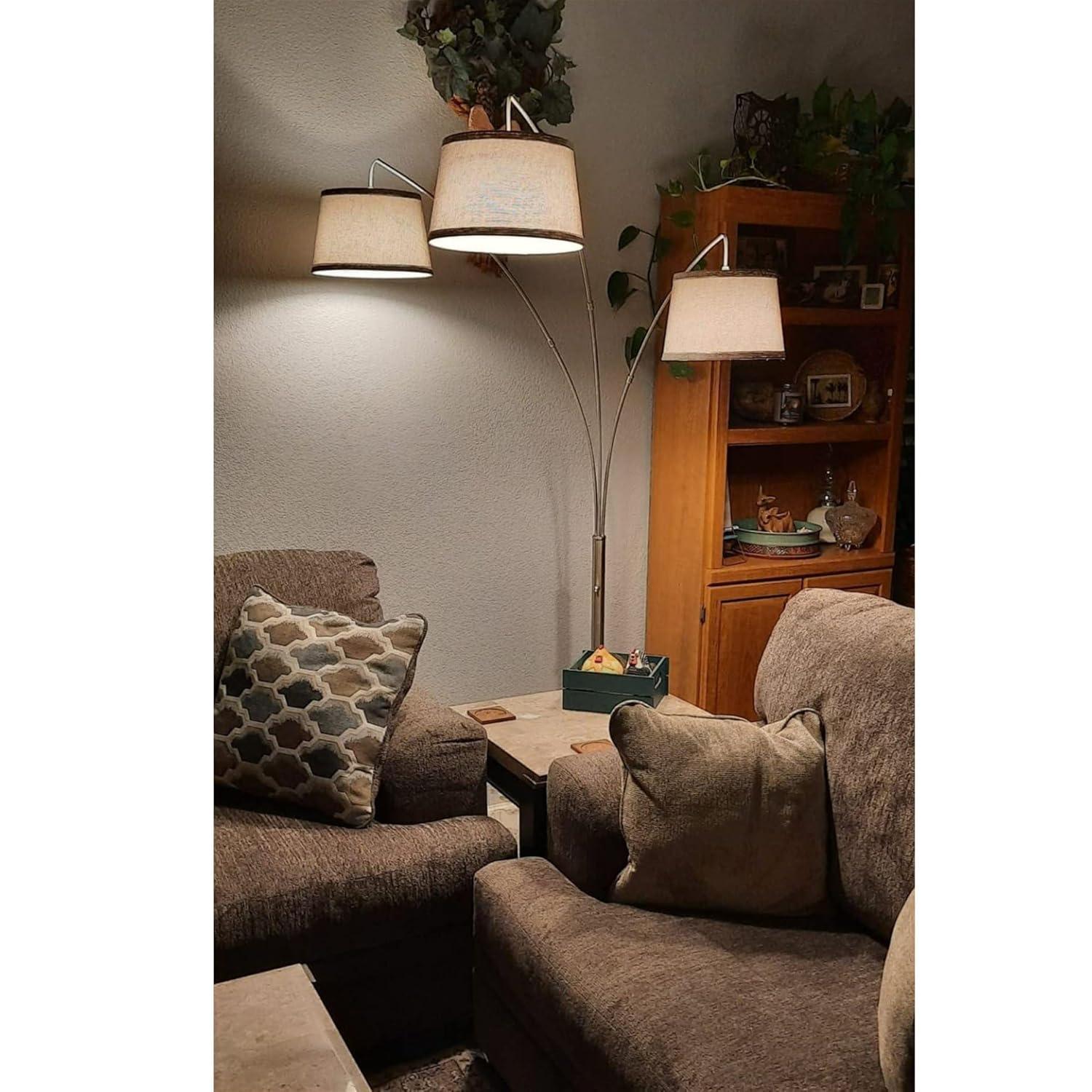 Kira Home Akira 80" Modern 3-Light Arc Floor Lamp with 3-Way Switch, Beige Burlap Drum Shades + Antique Bronze Finish