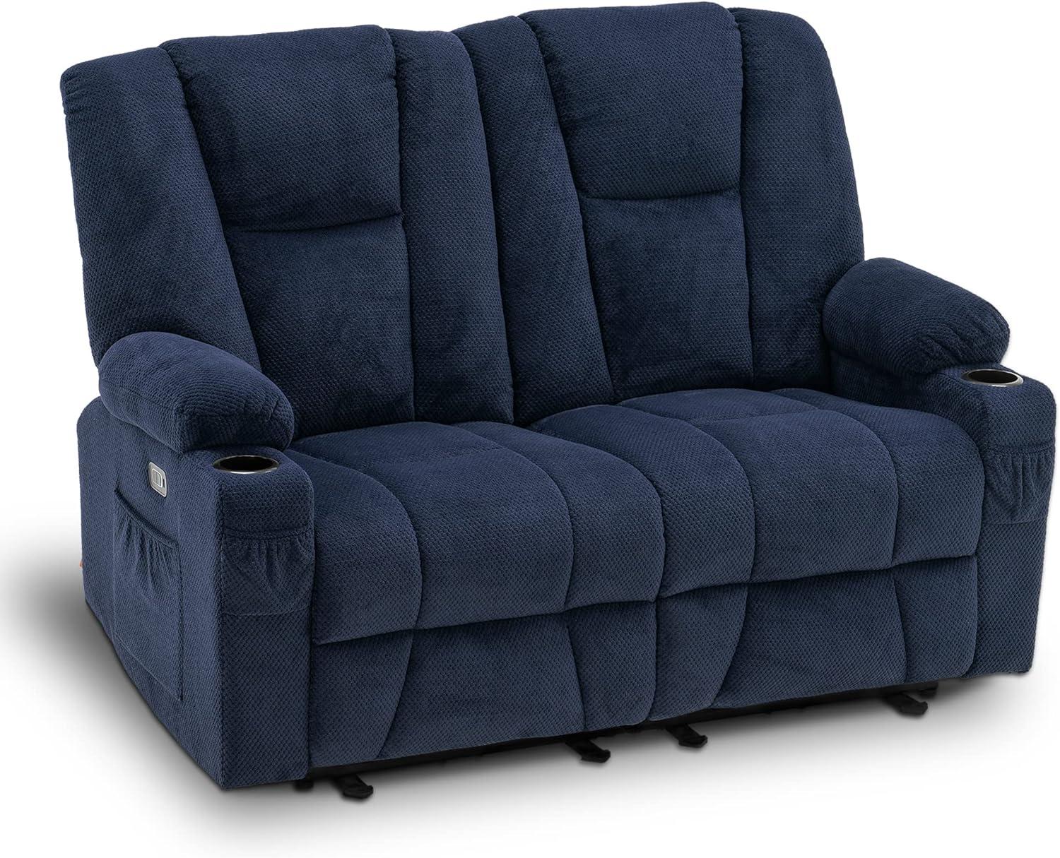 Navy Blue Fabric Reclining Loveseat with Cup Holders