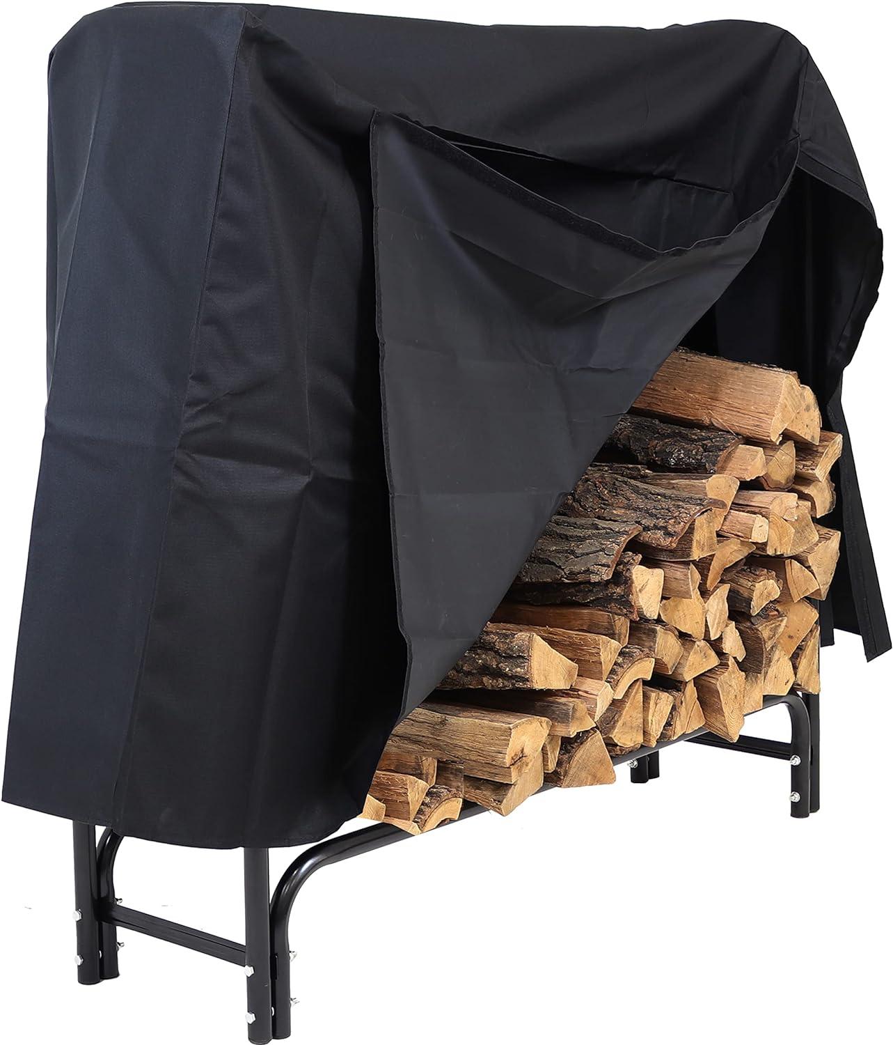 Sunnydaze Outdoor Heavy-Duty Steel Firewood Log Rack Holder and Weather-Resistant Polyester Log Rack Cover - 4' - Black