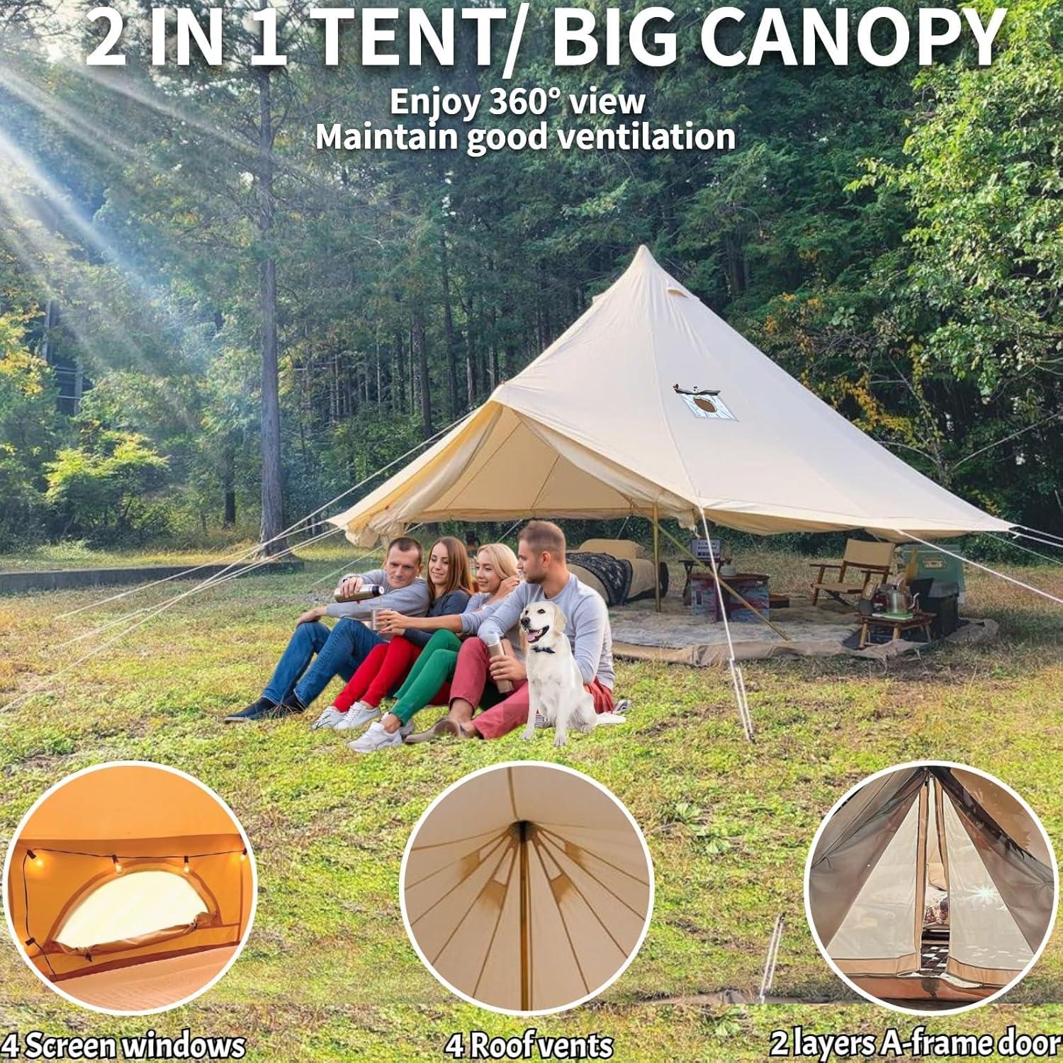 DANCHEL OUTDOOR B5PRO Waterproof Canvas Bell Tent with AC Port, 4 Season Yurt Tent with Stove Jack Glamping All Year Living 4/6/8 Person Family Camping, 13ft/16.4ft/20ft