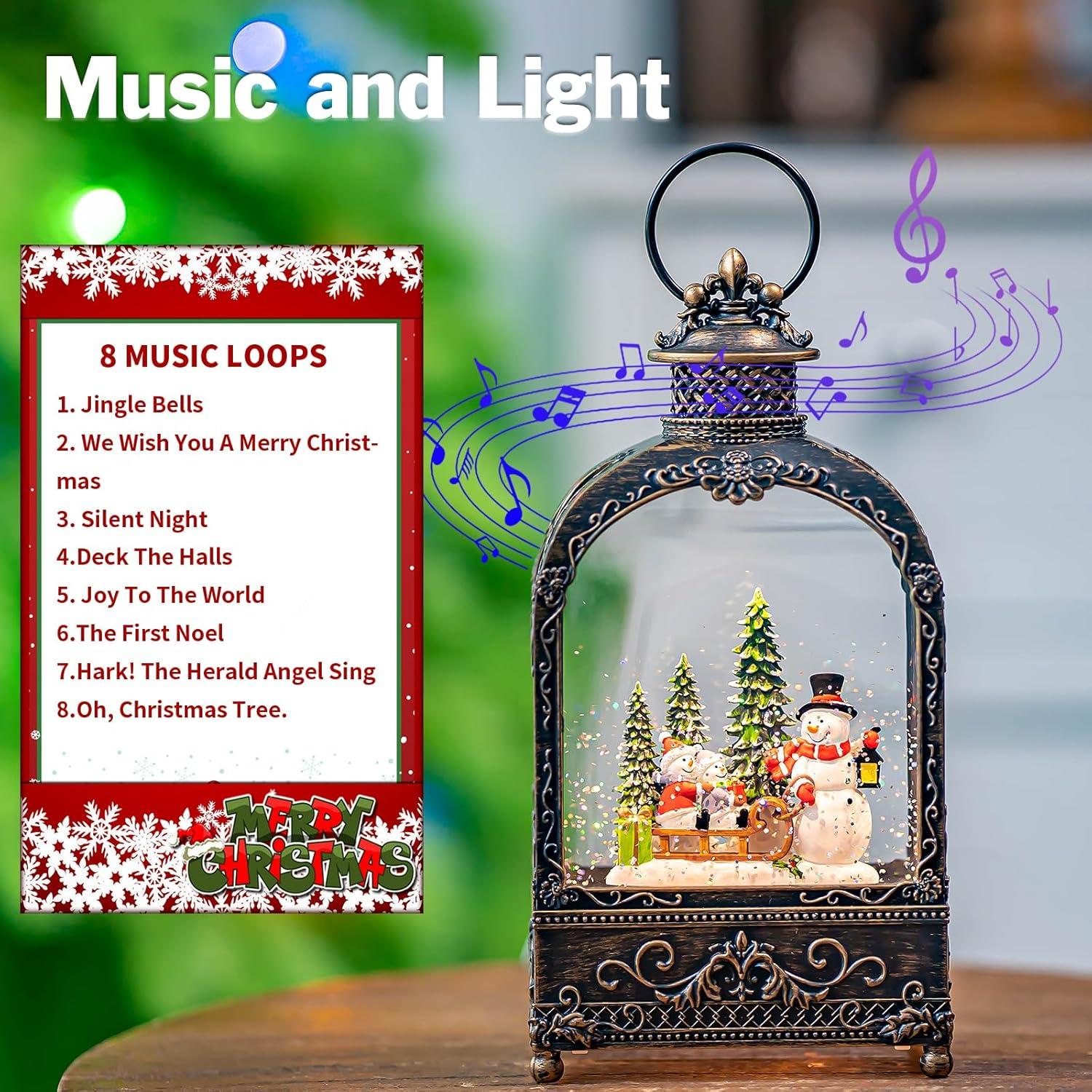 Christmas Snow Globe Lantern Water Glittering Snowman Family With Music & Timer, USB Lined/Battery Operated Lighted Lantern For Christmas Festival Decoration Gifts