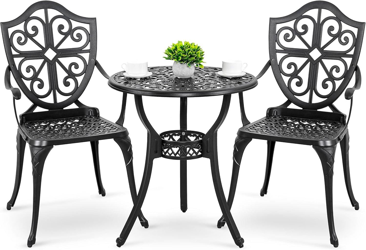 Nuu Garden  3-piece Black Cast Aluminum Patio Bistro Set vintage-inspired flower