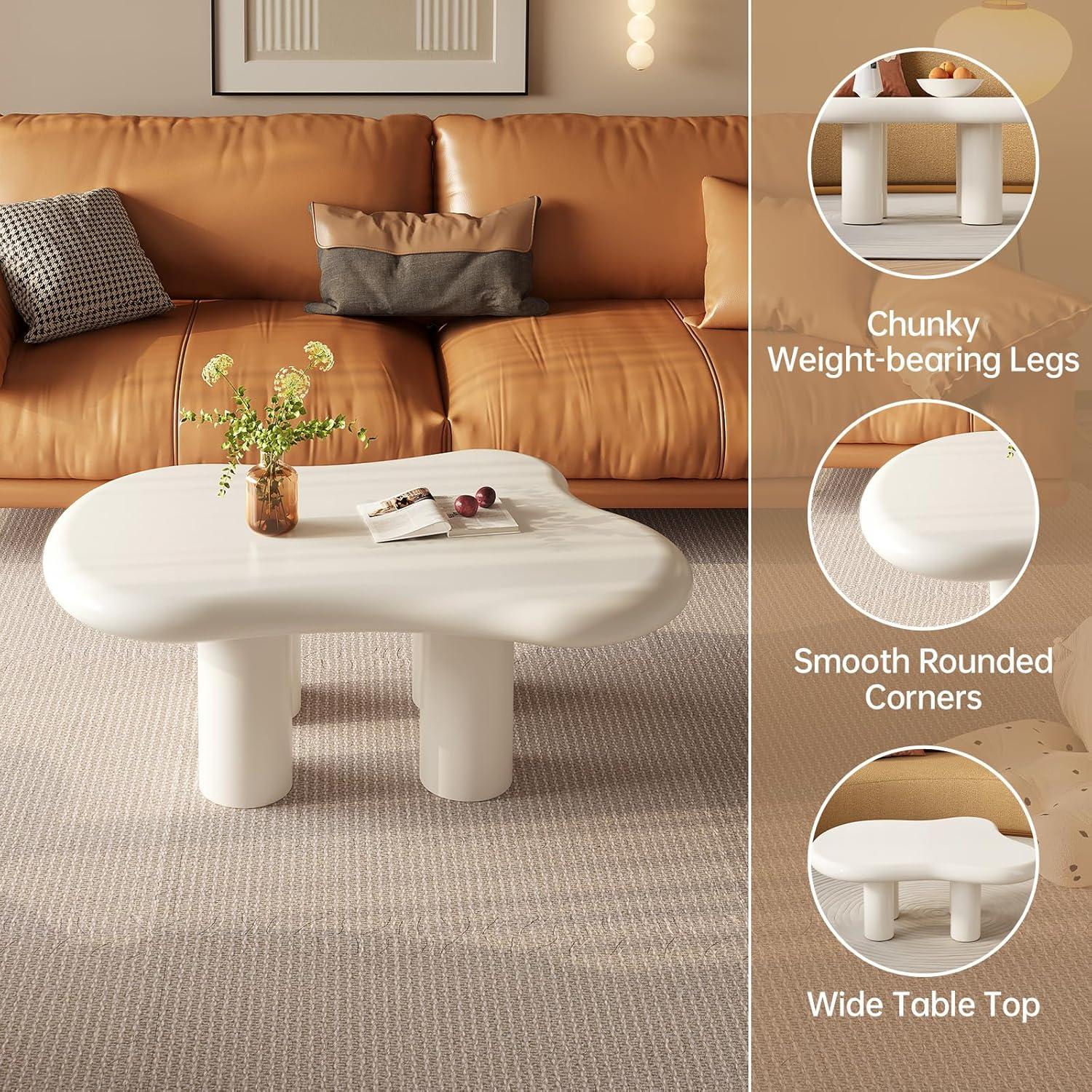 Guyii 41.02" Cream White Cloud Coffee Table, Irregular Coffee Table with 3 Legs for Living Room, Office