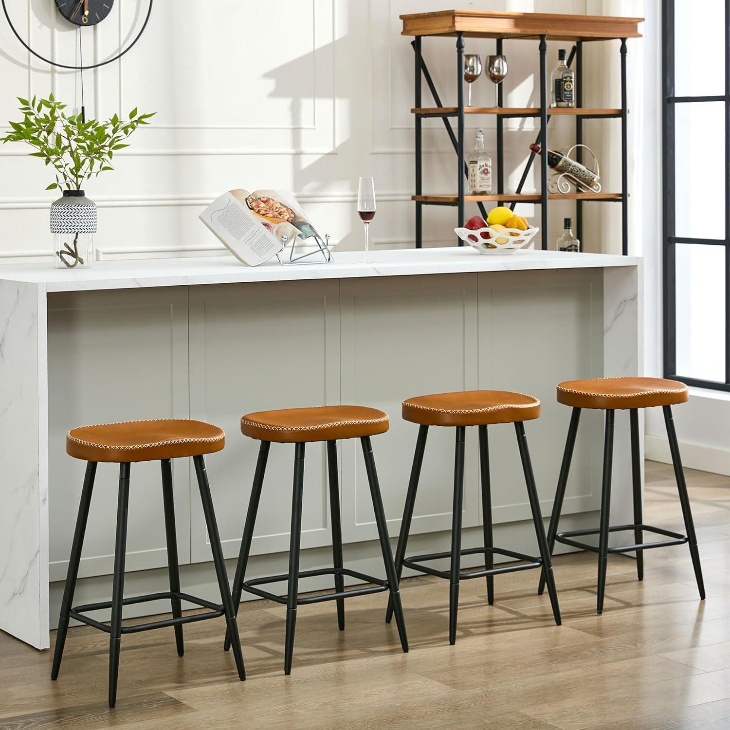 Adjustable Brown Faux Leather Saddle Bar Stools with Metal Legs