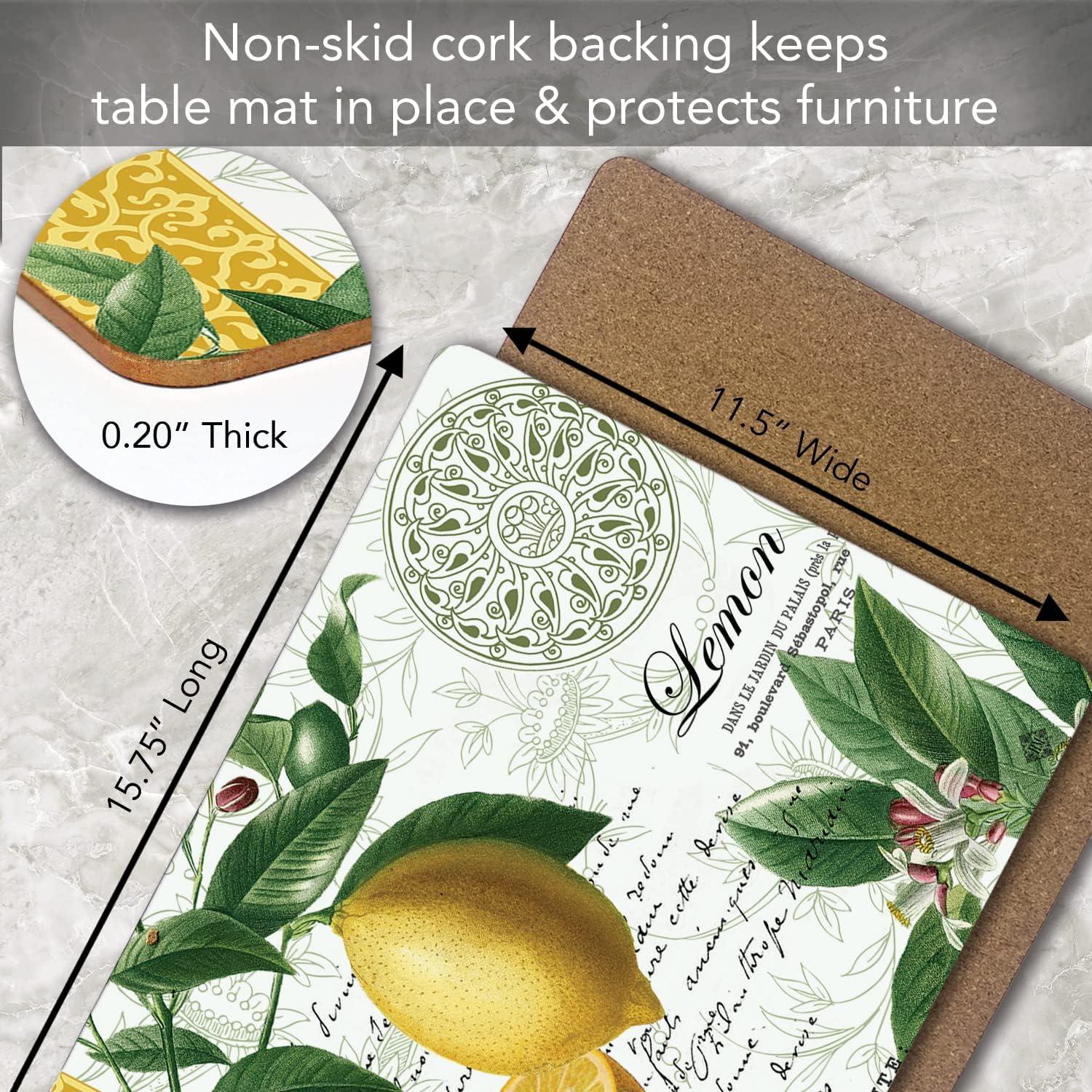 Cala Home "Citron" Premium Decorative Hardboard Cork Back Tabletop Placemats 4 Pack