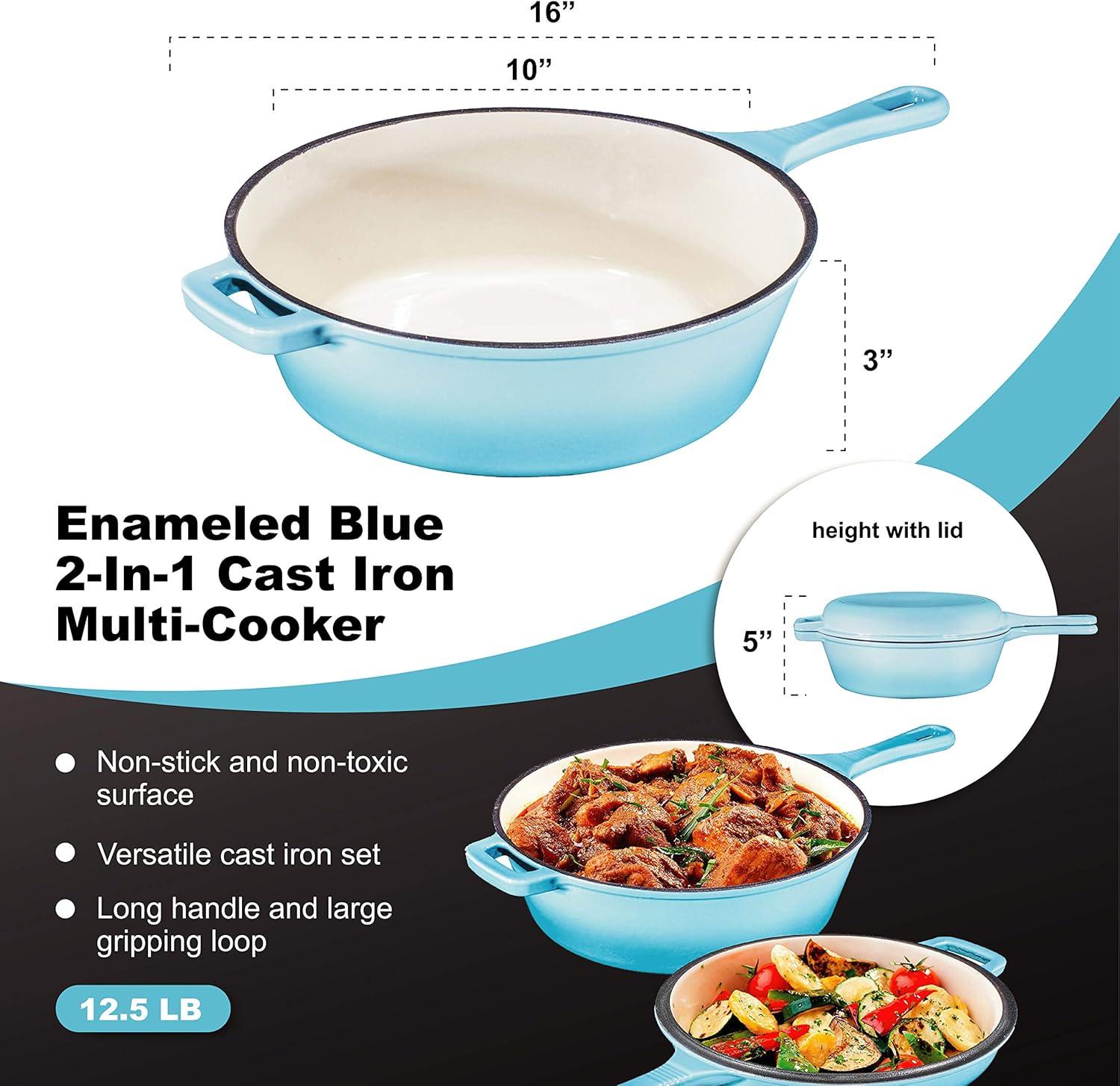 Bruntmor 2-in-1 Blue Pre-seasoned Cast Iron Dutch Oven and Skillet Set, 3 Quarts, Oven and Dishwasher Safe