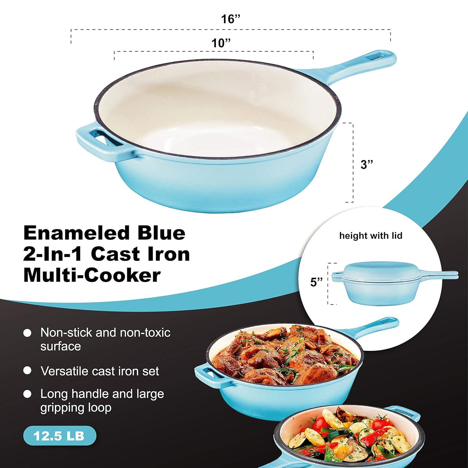 Bruntmor 2-in-1 Blue Pre-seasoned Cast Iron Dutch Oven and Skillet Set, 3 Quarts, Oven and Dishwasher Safe