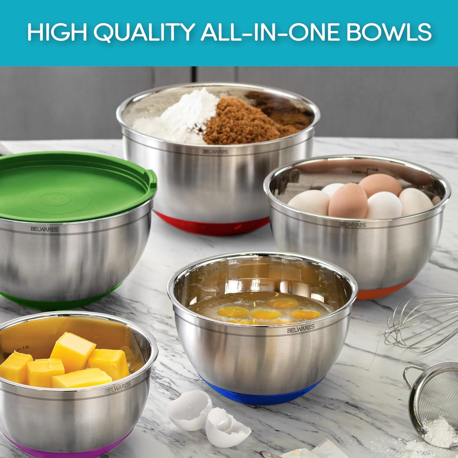Toledo Bath & Kitchen Stainless Steel Mixing Bowls With Lids, 5-Pack Metal Nesting Bowls With Airtight Covers For Cooking, Baking, Serving, Storage, Non-Toxic & Dishwasher Safe, Size 4.6/3/1.5/1/0.7QT - Khaki