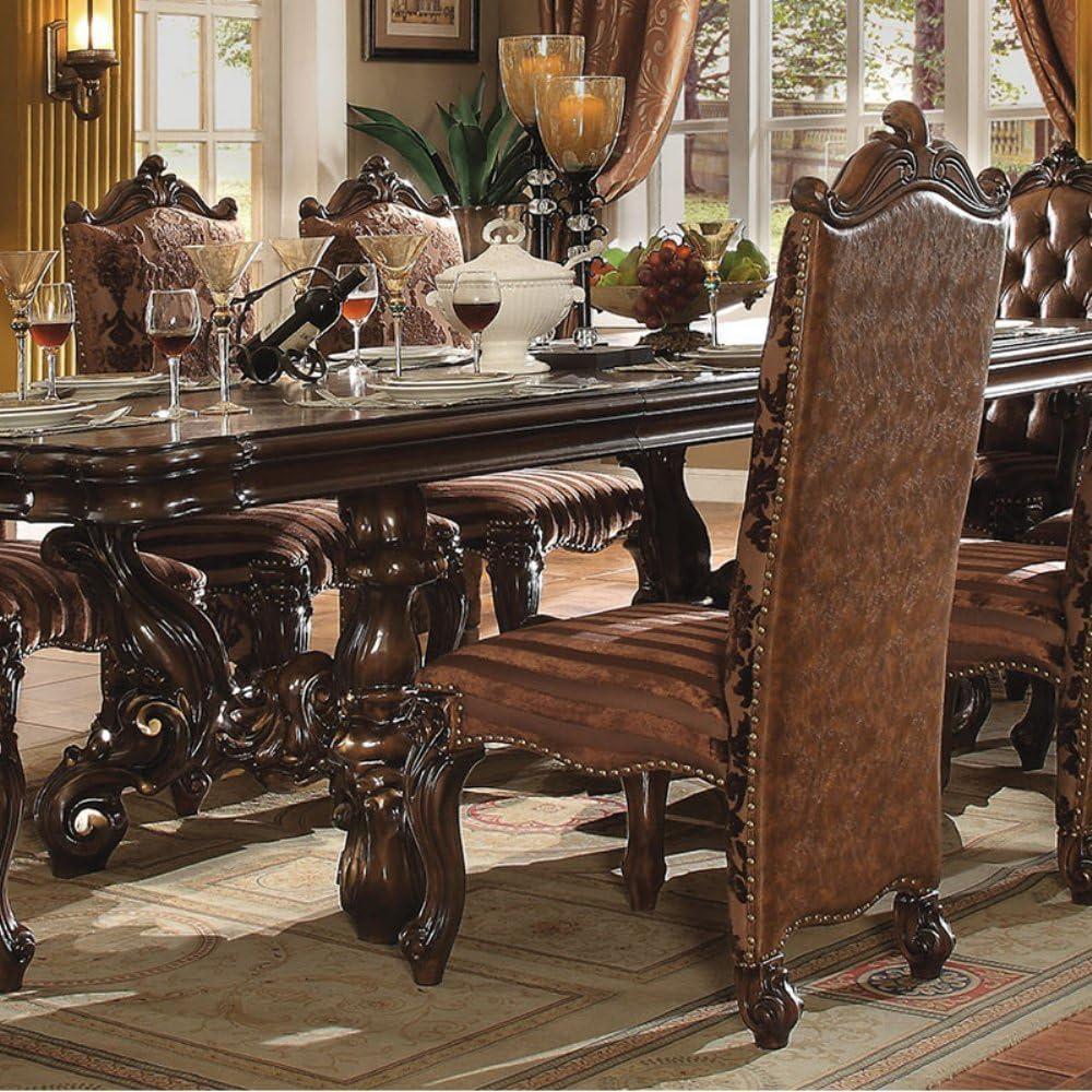 22" Versailles Dining Chair Two Tone Light Brown Synthetic Leather /Fabric and Cherry Oak Finish - Acme Furniture: Elegant Traditional Design