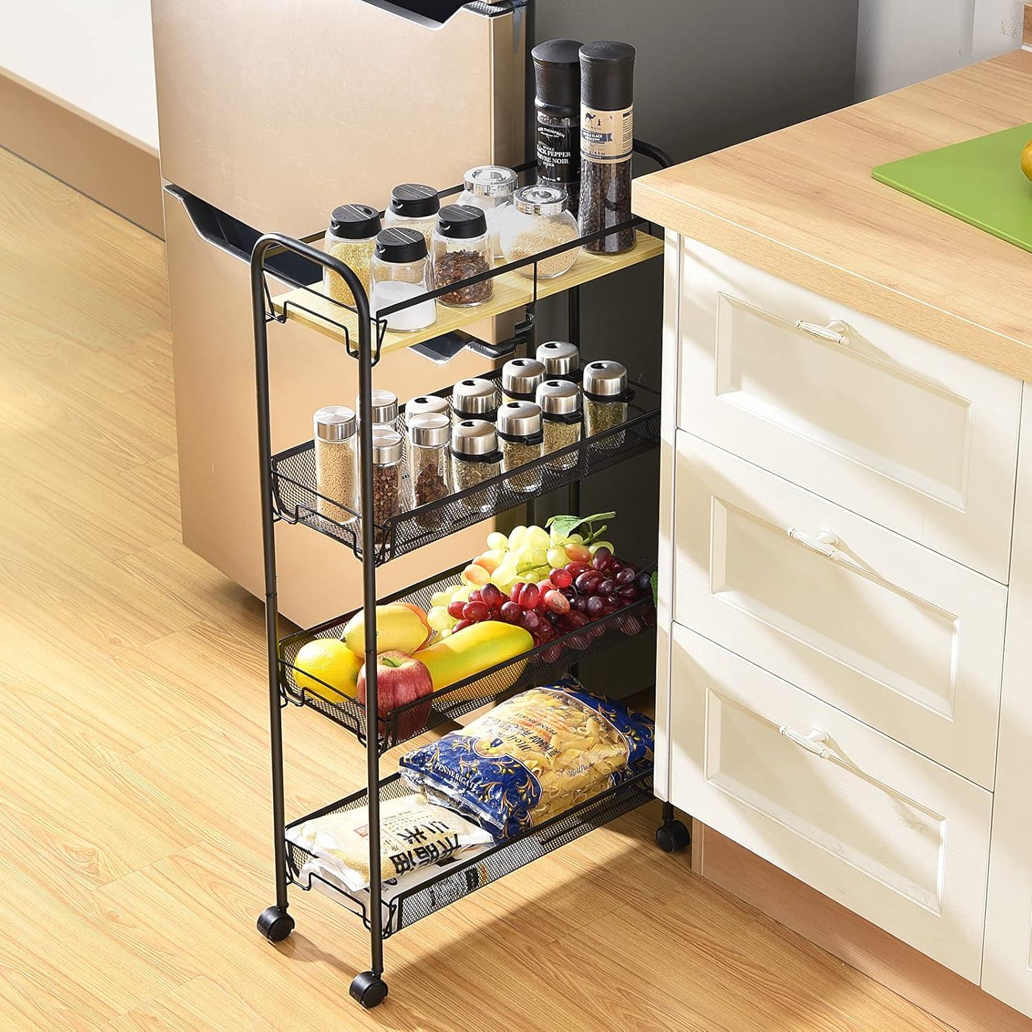 Black Metal 4-Tier Rolling Cart with Wooden Tabletop