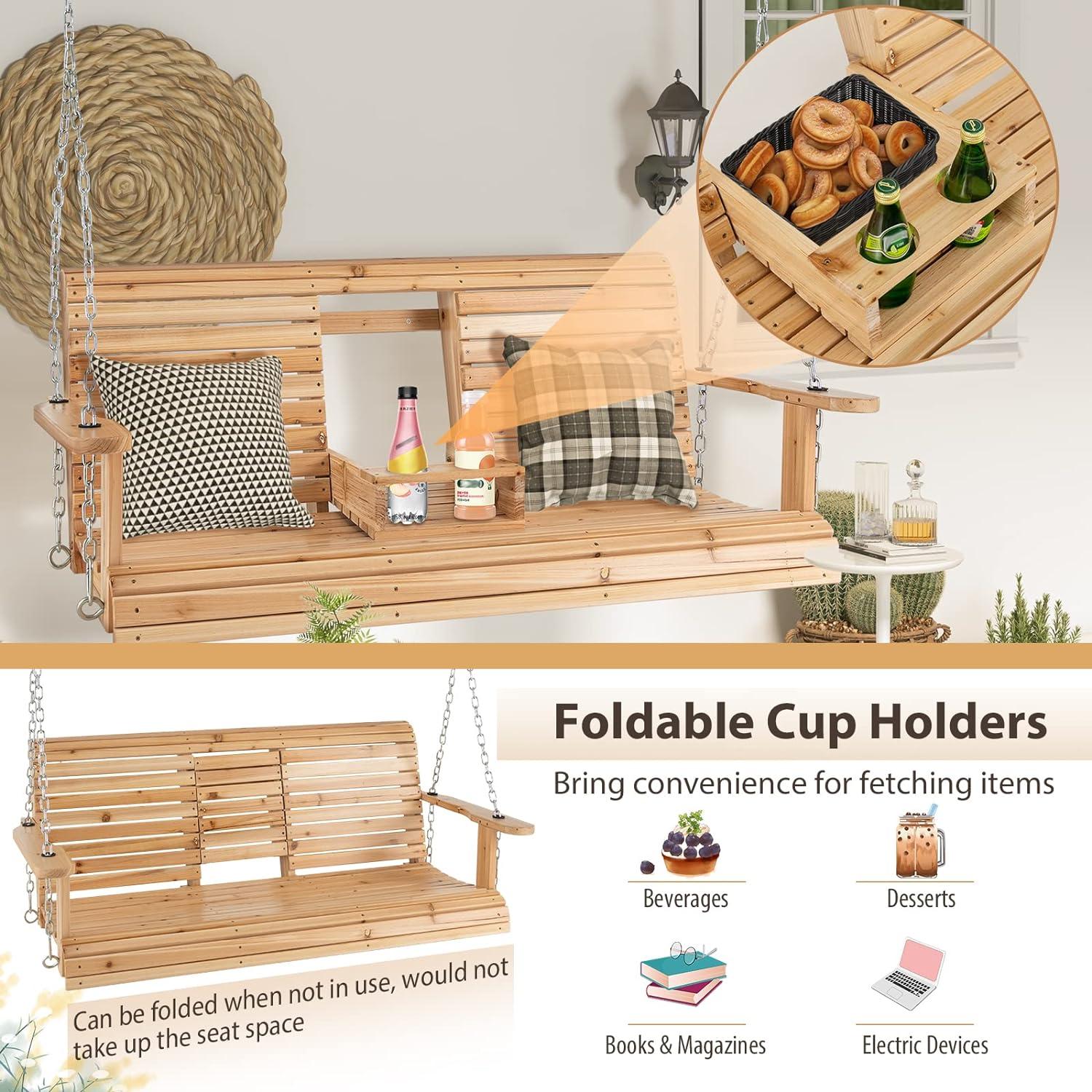 Natural Fir Wood 2-Person Porch Swing with Cup Holders