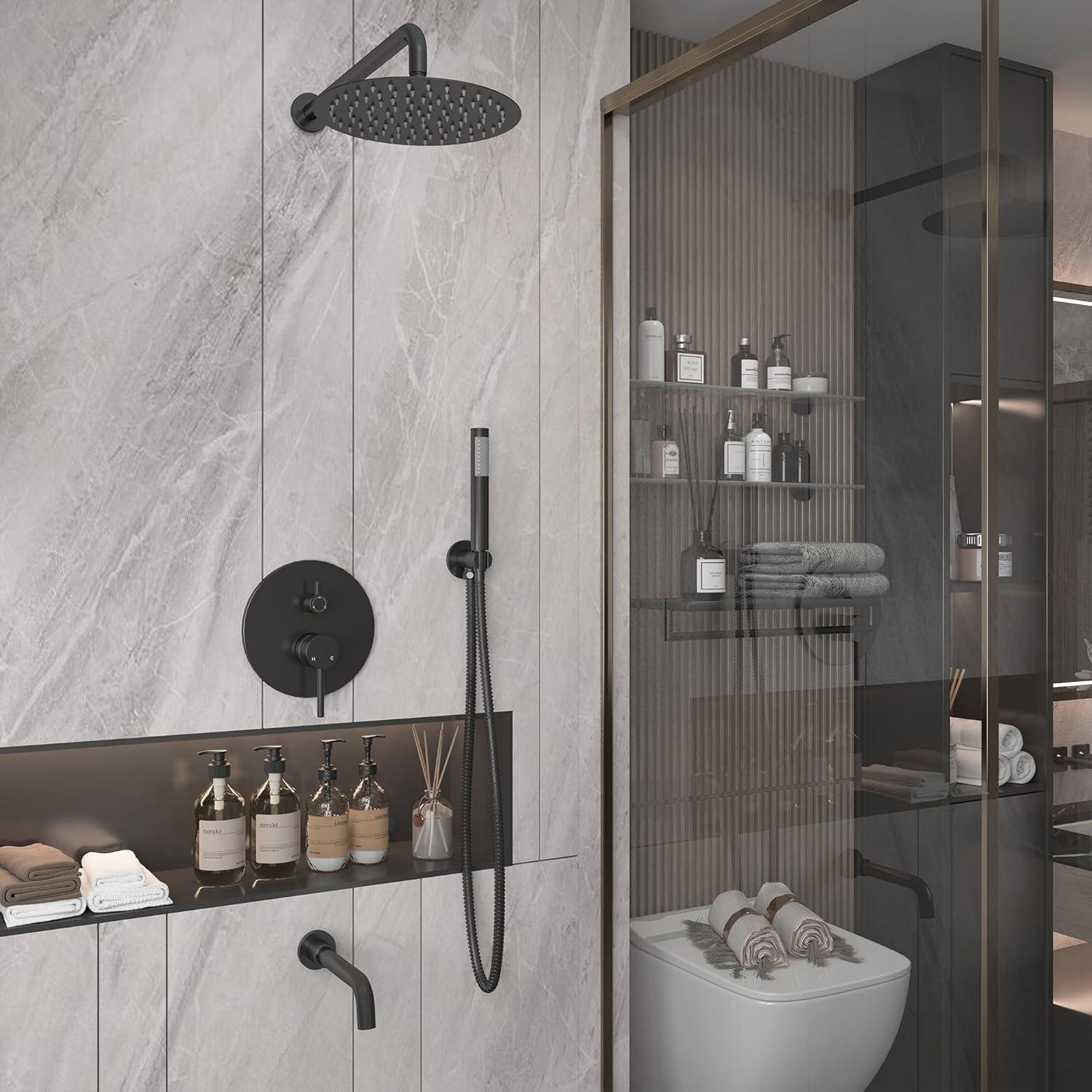 Matte Black Large Round Dual Shower Head System with Handheld