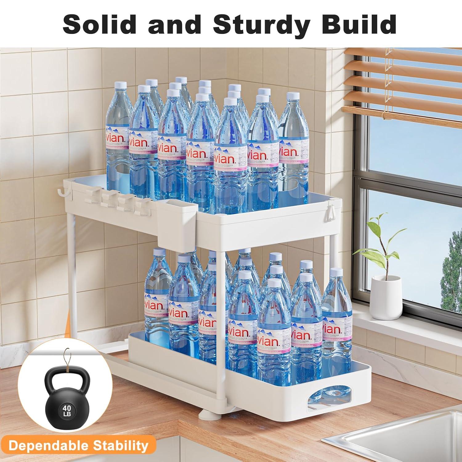 Delamu 2 Pack Under Sink Organizer and Storage, 2 Tier Pull Out Cabinet Organizer, Slide Out Under Sink Storage Shelf for Kitchen Bathroom, White