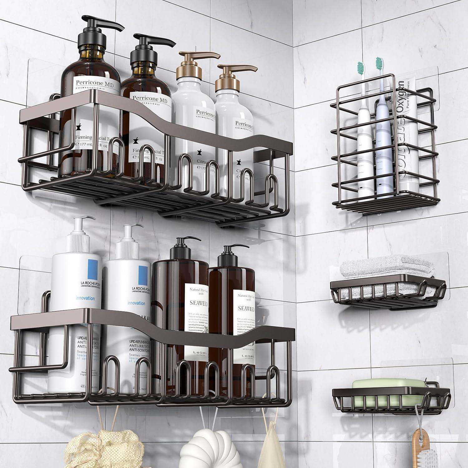 Dark Brown Stainless Steel 5-Piece Adhesive Shower Organizer Set