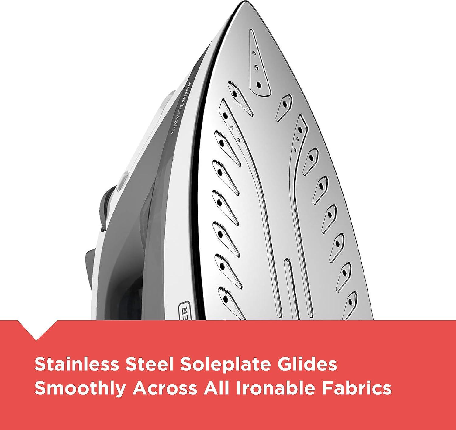 BLACK+DECKER Light �N Easy Compact Steam Iron, IR1020S, Stainless Steel Soleplate, Spray Mist, Anti-Drip, Auto Shutoff