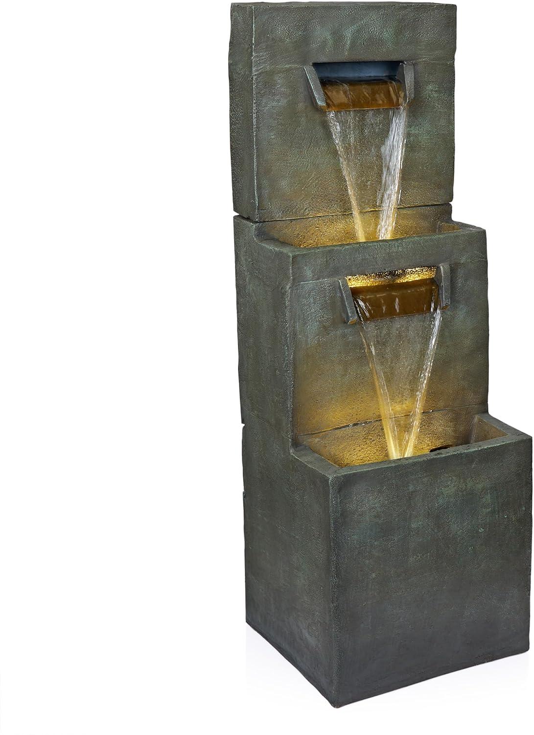 Alpine Corporation 40" Polyresin 2-Tier Modern Polystone Sculptural Fountain With Warm White LED Lights