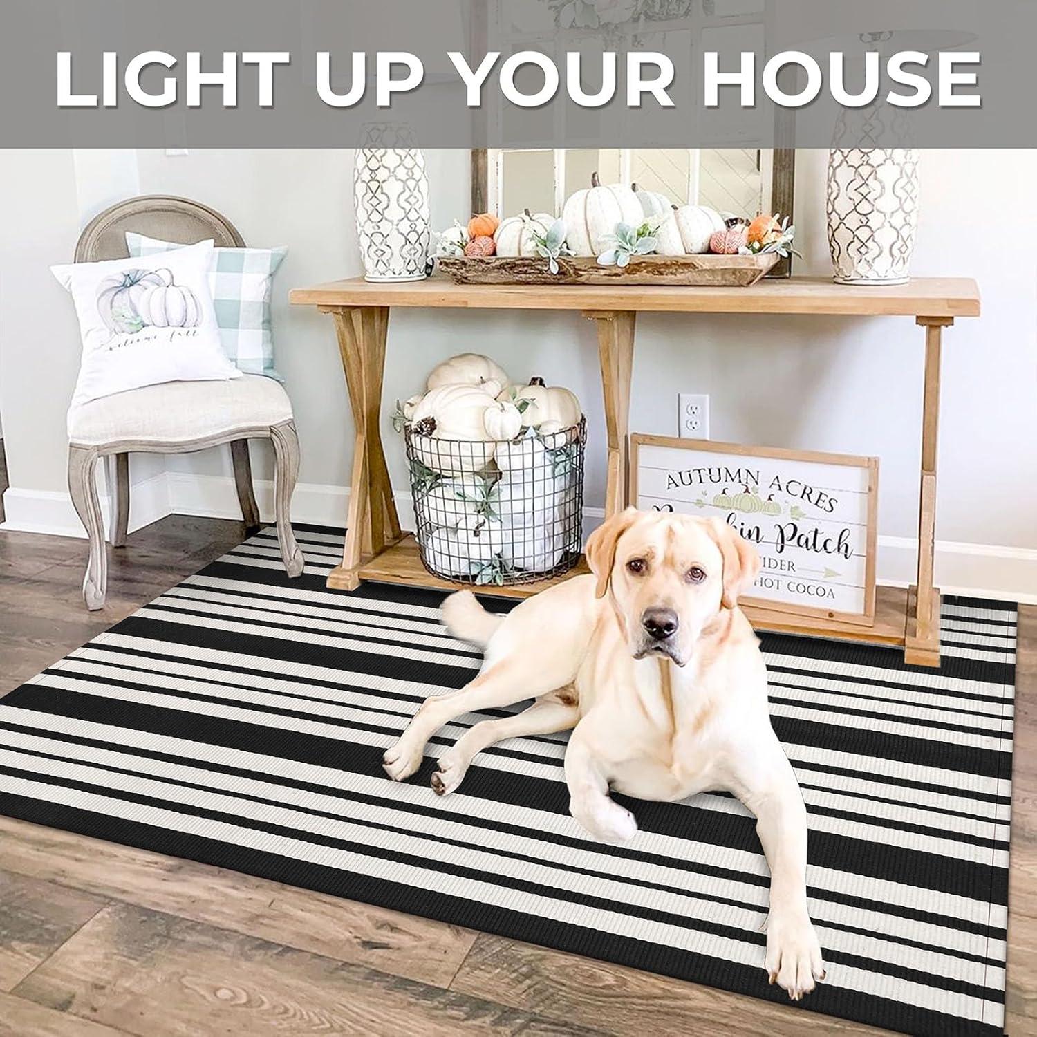 IOHOUZE Navy and White Striped Rug 2'x3' Front Door Rugs, Small Washable Area Rug for Front Porch, Spring Summer Doormats Outdoor Indoor, Cotton Rugs for Entryway Porch Entrance
