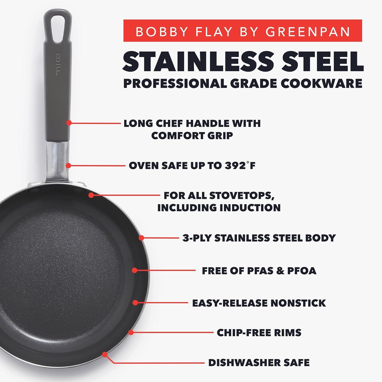 GreenPan x Bobby Flay 12” Stainless Steel Frying Pan with Glass Lid, 3 Ply Stainless Professional Cookware, Induction Suitable