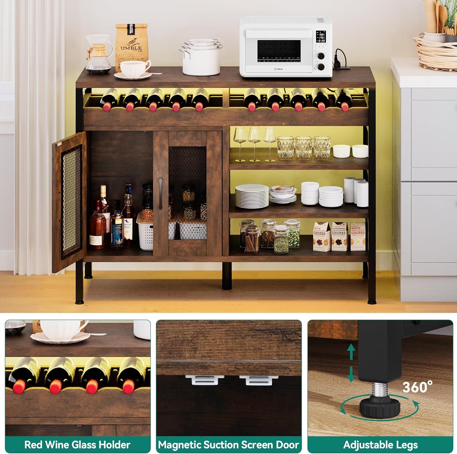 YITAHOME Wine Bar Cabinet with Power Outlets and LED Lights, Industrial Coffee Bar Cabinets for Liquor and Glasses Home Bar Kitchen Buffet Cabinet for Home Living Dining Room 47"