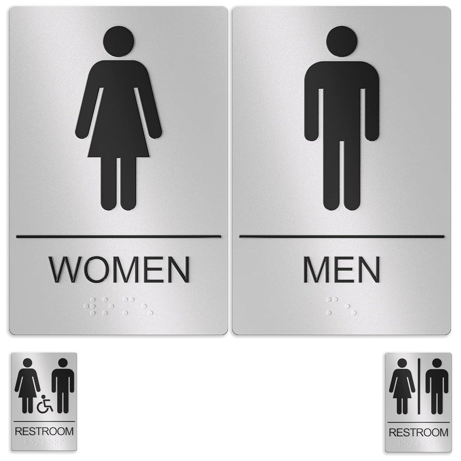 Assured Signs Restroom Sign for Wall | Bathroom Signs | 9 by 6" | Silver Acrylic | ADA Compliant with Braille | Includes Adhesives | Ideal for Office or Home