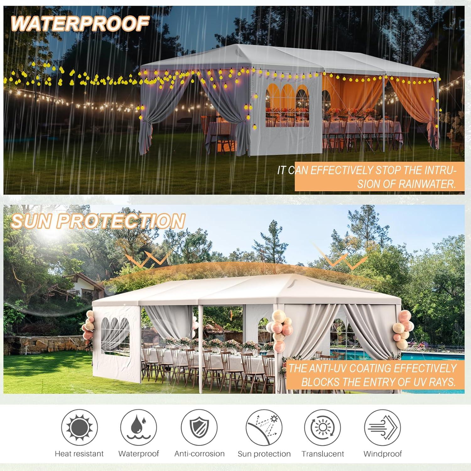 HomGarden 10x30FT Outdoor Gazebo Canopy Wedding Party Tent Shelter Pavilion W/ 8 Removable Sidewalls & Windows for Cater Events, White